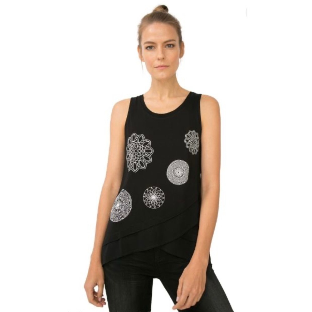 Desigual Tank Top Womens XL Layered Graphic Sleeveless Black Asymmetrical Boho